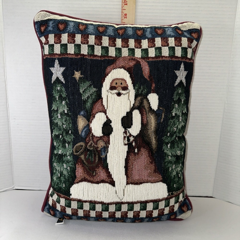 VTG Needlepoint Tapestry Santa Claus Christmas Tree Holiday Throw Pillow